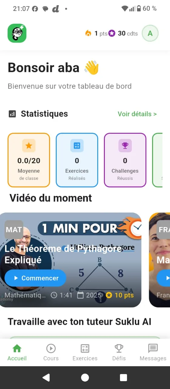 SukluAcademy — tableau de bord de l'élève